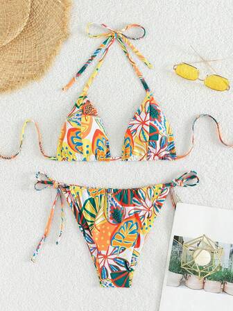 Women's Summer Beach Tropical Plant Printed Halter Neck Tie Sexy Bikini Set