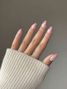 Uñas postizas con forma de almendra degradado rosa y blanco, uñas cortas de acrílico con forma de almendra para mujeres, regalo para chicas, 24 piezas de suministros de uñas - Multicolor - Ver 1