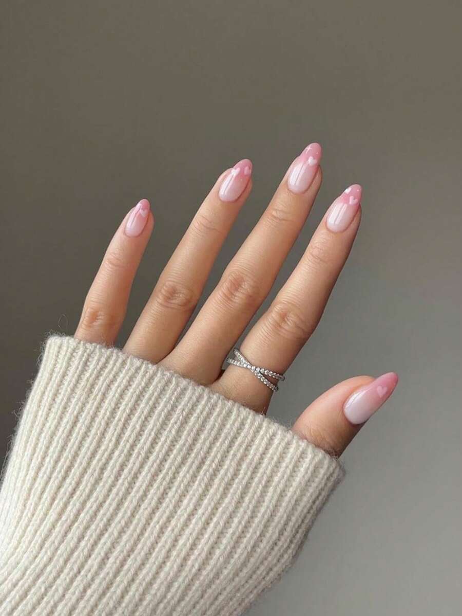 Uñas postizas con forma de almendra degradado rosa y blanco, uñas cortas de acrílico con forma de almendra para mujeres, regalo para chicas, 24 piezas de suministros de uñas - Multicolor - Ver 1