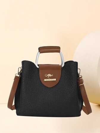 女士时尚手提包拼色拼接单肩包拉链开合可拆卸肩带手提包