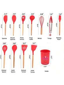 Juego de utensilios de cocina, juego de utensilios de cocina con soporte, utensilios de silicona para cocinar, juego de espátula de cocina para hornear antiadherente y resistente a altas temperaturas (12 P, verde) - Rojo - Ver 2