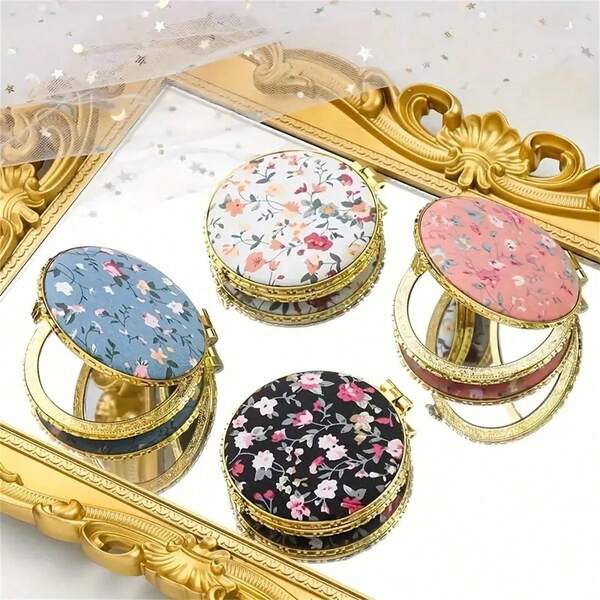 1pc Vintage Cloth Printed Reversible Folding Portable Mini Makeup Small Mirror Random