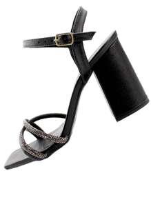 Sandália Feminina Strass Salto Grosso Alto Tiras Perfeita