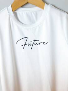 2pcs/Set Tween Boys Casual Gradient Design Letter Graphic Short Sleeve T-Shirt And Matching Shorts Set, Spring/Summer