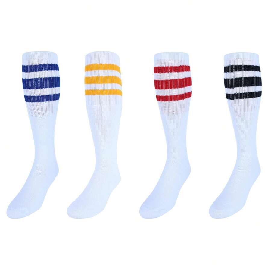 CTM Men's Big And Tall Striped Tube Socks (4 Pairs) - Black, Red, Royal Blue, Gold - View 1