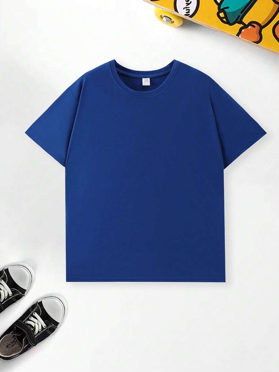 Tween Boy Summer Fashionable Solid Color Short Sleeve Round Neck T-Shirt - Blue - View 1