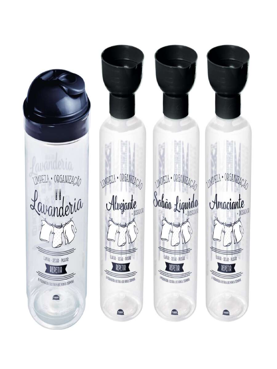 Kit Porta Sabão Amaciante Alvejante C/ Tampa Dosadora 4 Pçs Lavanderia Limpeza Maquina de Lavar Roupas Tecidos