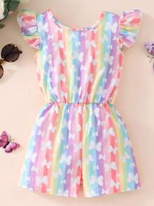 年輕女孩蝴蝶印花交叉背帶連身褲，帶有飄逸袖子和開放式背部設計