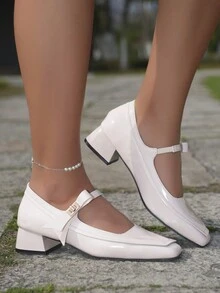 2024 新款白色玛丽珍平底鞋，适合矮个子女士，复古方头蝴蝶结带厚底防滑法式女士鞋 - 糯米白色 - 查看 1