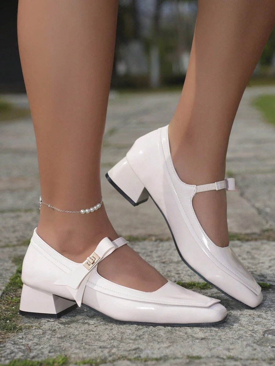 2024 新款白色玛丽珍平底鞋，适合矮个子女士，复古方头蝴蝶结带厚底防滑法式女士鞋 - 糯米白色 - 查看 1