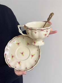 1 Pezzo Tazza da caffè e piattino in ceramica semplice e floreale, coppia di tazze di lusso leggere per uso domestico e in ufficio, per il tè del pomeriggio, adatto come regalo e decorazione per occasioni speciali