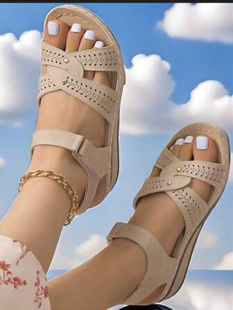 女士新款時尚楔跟厚底鞋底涼鞋，舒適款厚底媽媽鞋，休閒開趾涼鞋