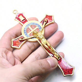 Saint Benedict Benedictine Red Enamel Protection Wall  Cross Catholic San Benito Medalla Prayer Decoration