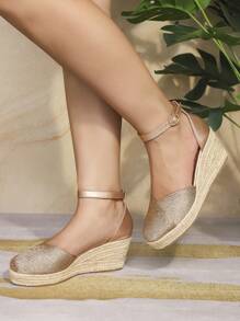 Women's High Heel Sandals, Closed Toe Woven Strappy Platform Espadrille Strap Wedge Shoes - 香檳色 - 查看 7