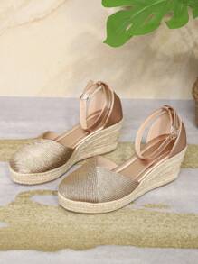 Women's High Heel Sandals, Closed Toe Woven Strappy Platform Espadrille Strap Wedge Shoes - 香檳色 - 查看 2