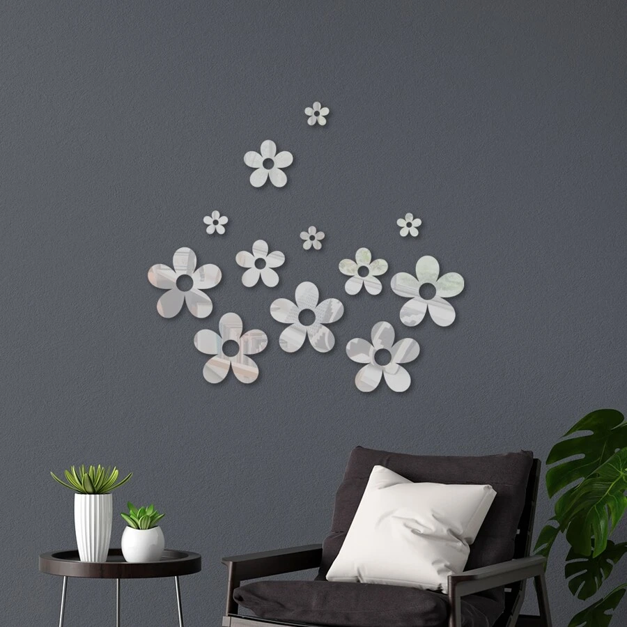 Kit com 12 Quadro Espelhos Aplique de Parede Flores Decorativo em Acrílico - Prata - Visão 1