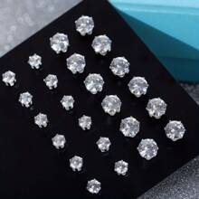 12pcs/24pcs/36pcs Simple Cubic Zirconia Stud Earrings Set, Unisex Casual Everyday Accessories Gift - Silver - View 6