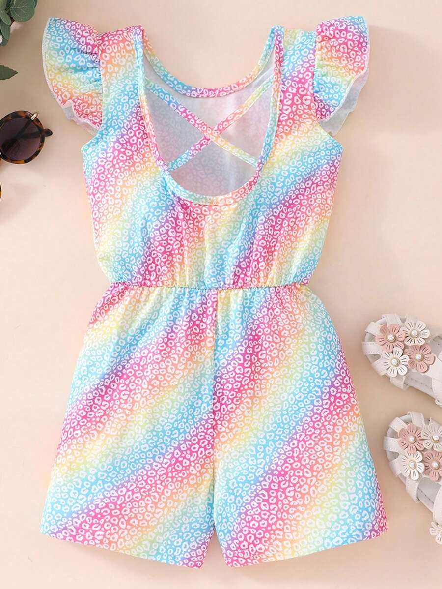 Young Girls' Colorful Leopard Print Cross-Back Cap Sleeve Romper - Blue - View 1