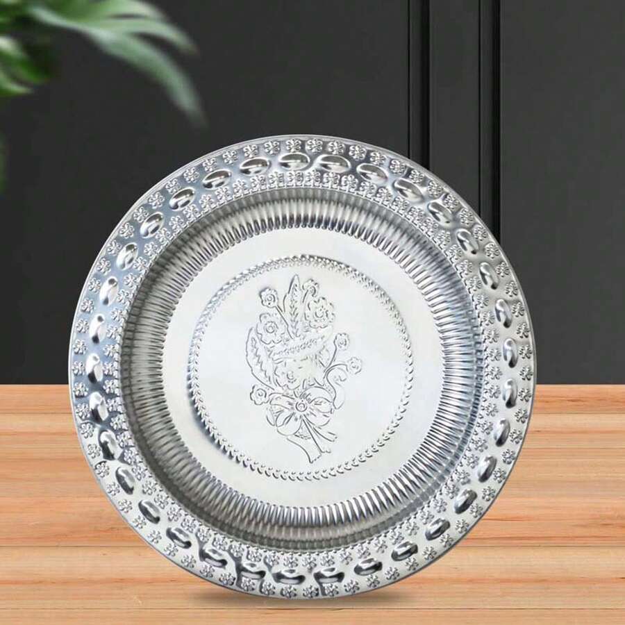 Elegant Stainless Steel Silver Tray With Carved Bottom For Chef - Round Flower Tray - View 1