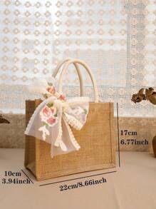 1pc Burlap Tote Bag With Lace Ribbon And Handle Shopping Bag,Beach Bag Holiday Gift For Loved Ones Jute Gift Handbags For Wedding ,Bridesmaid,Grocery Shopping,Women Brithday Party