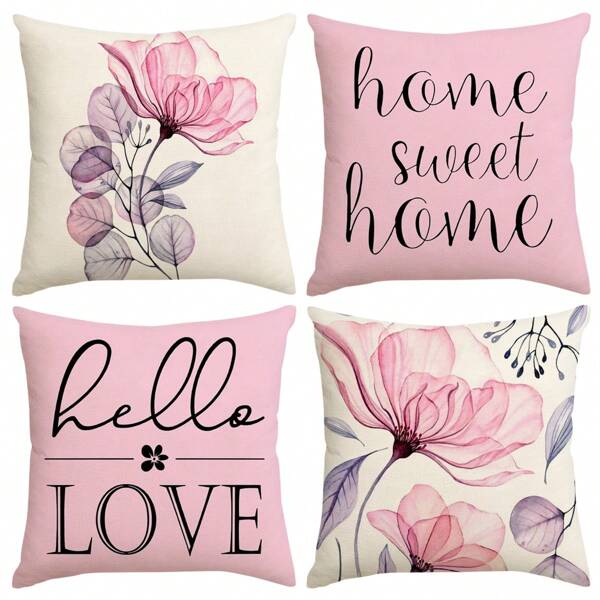 4pcs Flower Print Slogan Pattern Cushion Cover, Simple Rural Style Square Faux Linen Hidden Zipper One-Side Printed Pillowcase, Pillow Core Not Included, Suitable For Farmhouse Living Room Bedroom Sofa Decor