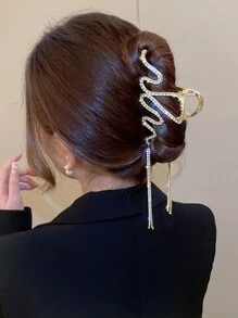 1pc Versatile Quality Rhinestone Wave Tassel Hair Claw,Y2k Claw Clips Hair Clips Hair Jaw Clip Hair Clamps Hair Clutch Hair Catcher Clip Fall Winter Hair Accessories For Women For Vacation Outfits Woman - Gold - View 3