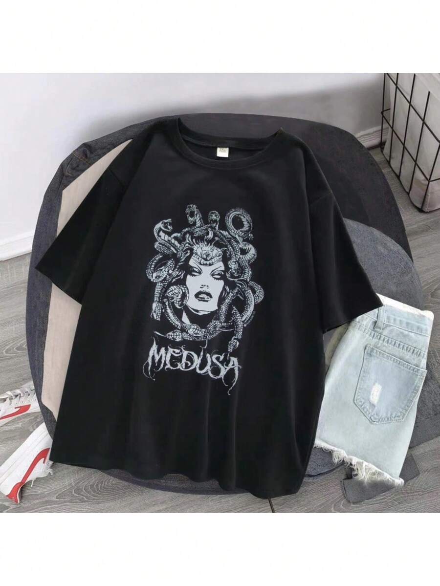 DOURADO MODAS Camiseta Premium Camisa 100% Algodao Medusa Mitologia Grega Cabelo Cobra Vintage Unissex Streetwear Envio Imediato - Preto - Visão 1