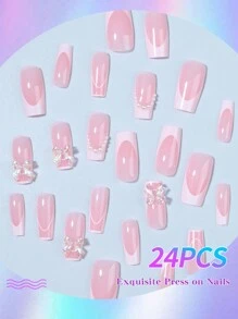 Elevate Your Style With, 24pcs/Set Press On Nails Tips White French & 3D Flowers Design Acrylic Fake Nail,Fit Perfectly & Medium Length Design,Contain 1pc Jelly Glue And 1pc Nail File, For Daily Wear By Women And Girls Nail Supplies