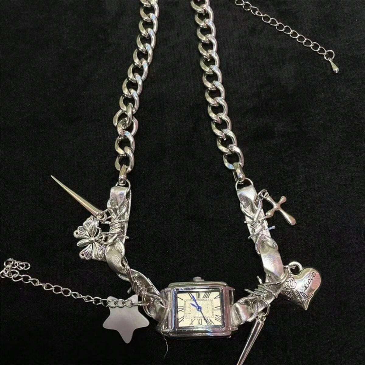 Y2K Punk Skeleton Cross SilverTone Watch Leather Necklace Women Unique