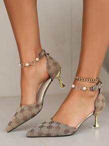Women Rhinestone Chain Decorated New Summer Shoes Pointed Toe Printed Fashionable High Heel Hollow Out Stiletto Sandals With Ankle Buckle Strap