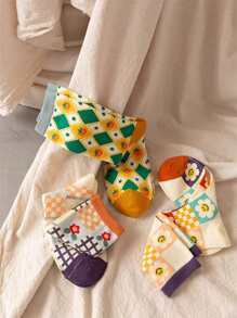 5 Pares de calcetines para mujeres con estampado de flores multicolores y de fresas, calcetines de moda absorbentes de la humedad que combinan con calcetas tubulares para mujeres, adecuados para uso diario