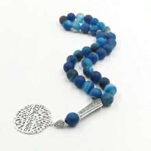 Tasbih Man Natural Blue Agate Stone Muslim Misbaha With Islamic Accessroies Pendant