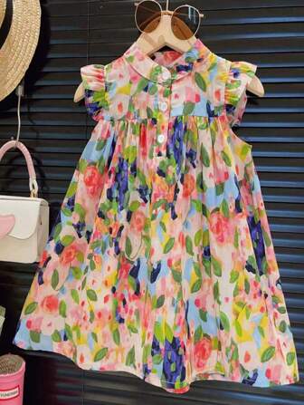 女小童1入組蝴蝶袖花圖案油畫時髦公主裙帶無袖上衣適合女孩