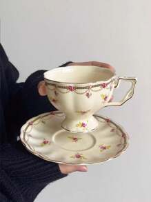1 Pezzo Tazza da caffè e piattino in ceramica semplice e floreale, coppia di tazze di lusso leggere per uso domestico e in ufficio, per il tè del pomeriggio, adatto come regalo e decorazione per occasioni speciali