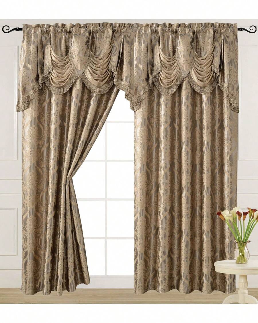 Luxury Fancy Jacquard Design Room Darkening Curtain Panel With Attached Waterfall Valance, 54 By 84-Inch Solid Plain Colors Rod Pocket Modern Semi Blackout For Living Room Bedroom And Dining Room - 淺灰褐色 - 查看 1