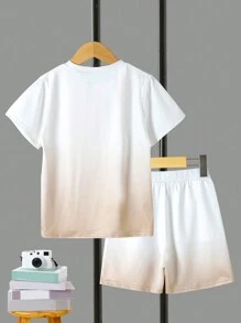 2pcs/Set Tween Boys Casual Gradient Design Letter Graphic Short Sleeve T-Shirt And Matching Shorts Set, Spring/Summer