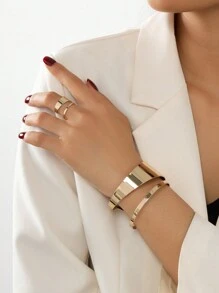 1 pulseira de metal geométrica européia e americana para mulheres e 1 anel de metal geométrico europeu e americano para mulheres