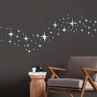 A Set Of 42 Acrylic Mirror DIY Decorative Star Shaped Modern Style Silver Gold Self-Adhesive Detachable Wall Stickers, Suitable For Living Room, Dining Room, Bedroom, Bathroom, Party, Decorative And Holiday Decoration