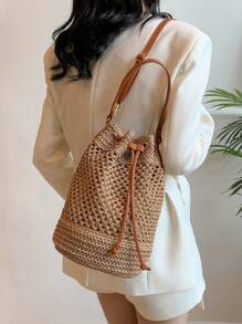 Plain Minimalist Drawstring Pocket Straw Bucket Bag