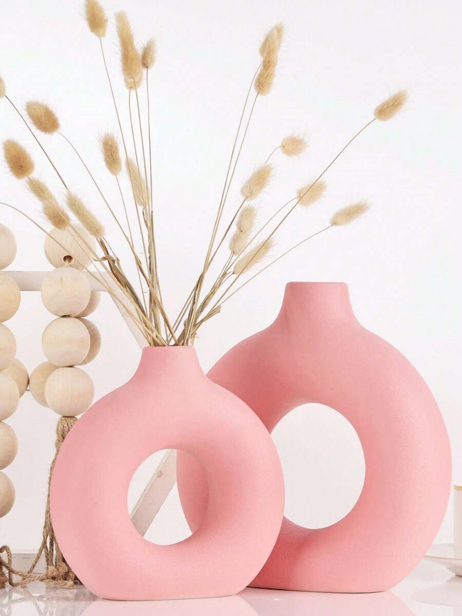1Pc Ceramic Vase Pink Doughnut Vase, Ceramic Vase For Pampas Grass