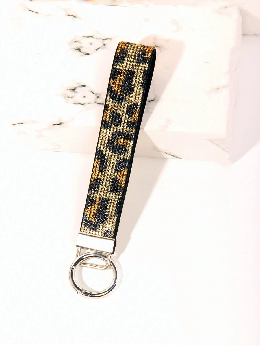 1pc Gold  & Diamond Decorated Bling Glitter Wristband With Open Circle Keychain, Suitable For Clutch And Keychain Leopard Print