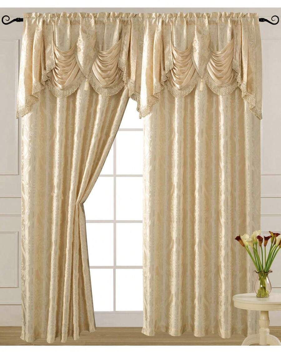 Luxury Fancy Jacquard Design Room Darkening Curtain Panel With Attached Waterfall Valance, 54 By 84-Inch Solid Plain Colors Rod Pocket Modern Semi Blackout For Living Room Bedroom And Dining Room - 米色 - 查看 1