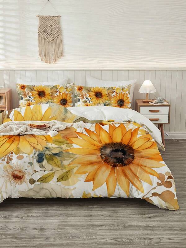 3pcs Soft And Comfortable Sunflower Print Comforter Cover Set For Bedroom And Guest Room - Includes 1 Comforter Cover And 2 Pillowcases (Core Not Included)