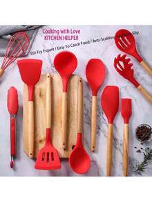 Juego de utensilios de cocina, juego de utensilios de cocina con soporte, utensilios de silicona para cocinar, juego de espátula de cocina para hornear antiadherente y resistente a altas temperaturas (12 P, verde) - Rojo - Ver 5