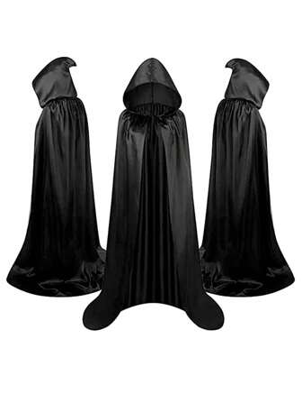 1pc Adult Black Halloween Cloak Hooded Cape, Single Layer Costume For Witch, Vampire, Demon, Suitable For Various Festivals, Parties, Performances, Decorations, Satin Fabric, Overall Length 1.7 Meters Black Cape