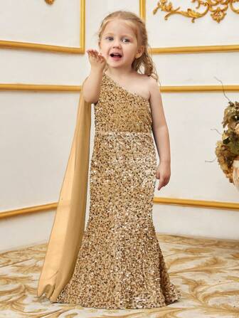 年轻女孩奢华单肩亮片女童晚礼服，超长雪纺袖和鱼尾拖地长裙 - 适合特殊场合的贴身派对礼服