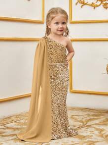 年轻女孩奢华单肩亮片女童晚礼服，超长雪纺袖和鱼尾拖地长裙 - 适合特殊场合的贴身派对礼服