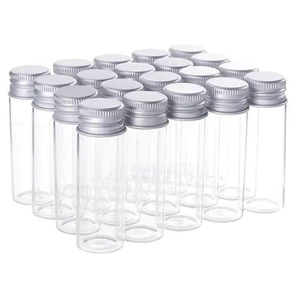 1 caja de 20 piezas de frasco de vidrio transparente de 15ml con tapa de aluminio, botella de vidrio, botella de muestra, botella de perfume, almacenamiento de artículos pequeños, regalo de boda