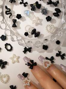 100pcs Y2K Hypoallergenic Pearl Mixed Design Nail Rhinestones 3D Acrylic Butterfly Heart Flower Multi-Model Rhinestone Nail Art Decoration Pendant Kawaii Accessories Pink Black And White Bow Tie Heart Shaped Nail Art Parts Various Shapes For Luxury Nail Art, Crafts And Jewelry Accessories Rhinestone Ornaments DIY Accessories Nail Supplies Nail Charms Nail Gems