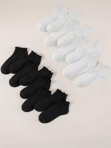 16 Pairs Black And White Simple And Sweet Daily Breathable Women Short Socks With Mushroom-Shaped Edge - Black and White - View 3